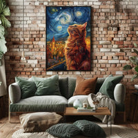 Curious Cat Under Starry Sky Artistic Poster PosterGoat