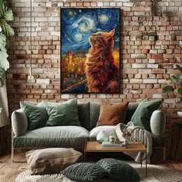Curious Cat Under Starry Sky Artistic Poster PosterGoat