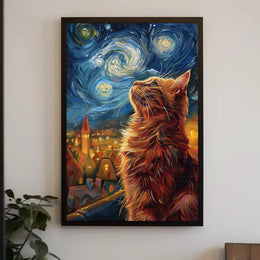 Curious Cat Under Starry Sky Artistic Poster PosterGoat