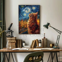 Curious Cat Under Starry Sky Artistic Poster PosterGoat