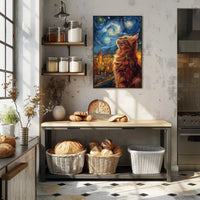 Curious Cat Under Starry Sky Artistic Poster PosterGoat