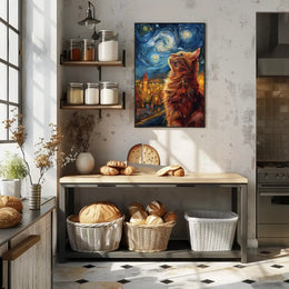 Curious Cat Under Starry Sky Artistic Poster PosterGoat