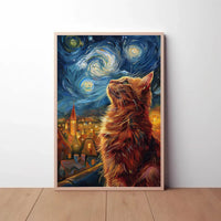 Curious Cat Under Starry Sky Artistic Poster PosterGoat