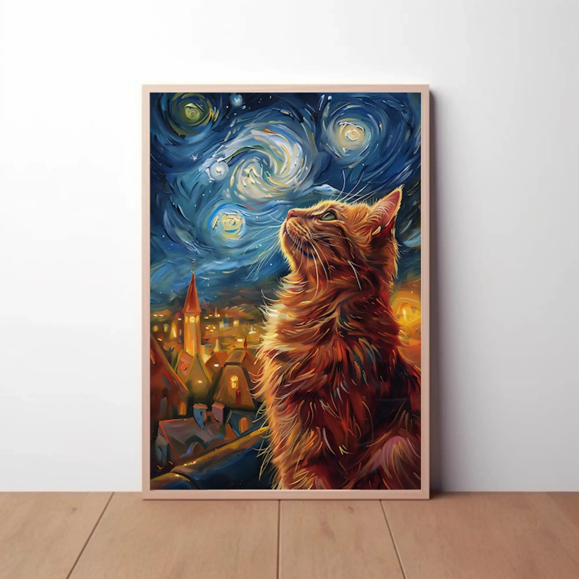 Curious Cat Under Starry Sky Artistic Poster PosterGoat