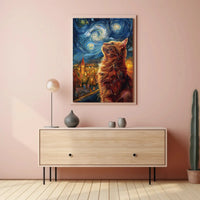 Curious Cat Under Starry Sky Artistic Poster PosterGoat