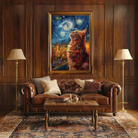 Curious Cat Under Starry Sky Artistic Poster PosterGoat