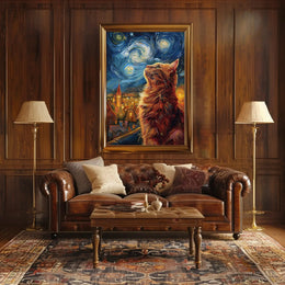 Curious Cat Under Starry Sky Artistic Poster PosterGoat