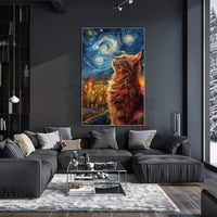 Curious Cat Under Starry Sky Artistic Poster PosterGoat