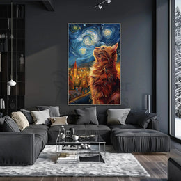 Curious Cat Under Starry Sky Artistic Poster PosterGoat