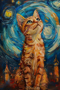 Curious Cat in a Starry Night Animal Poster PosterGoat