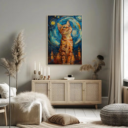 Curious Cat in a Starry Night Animal Poster PosterGoat