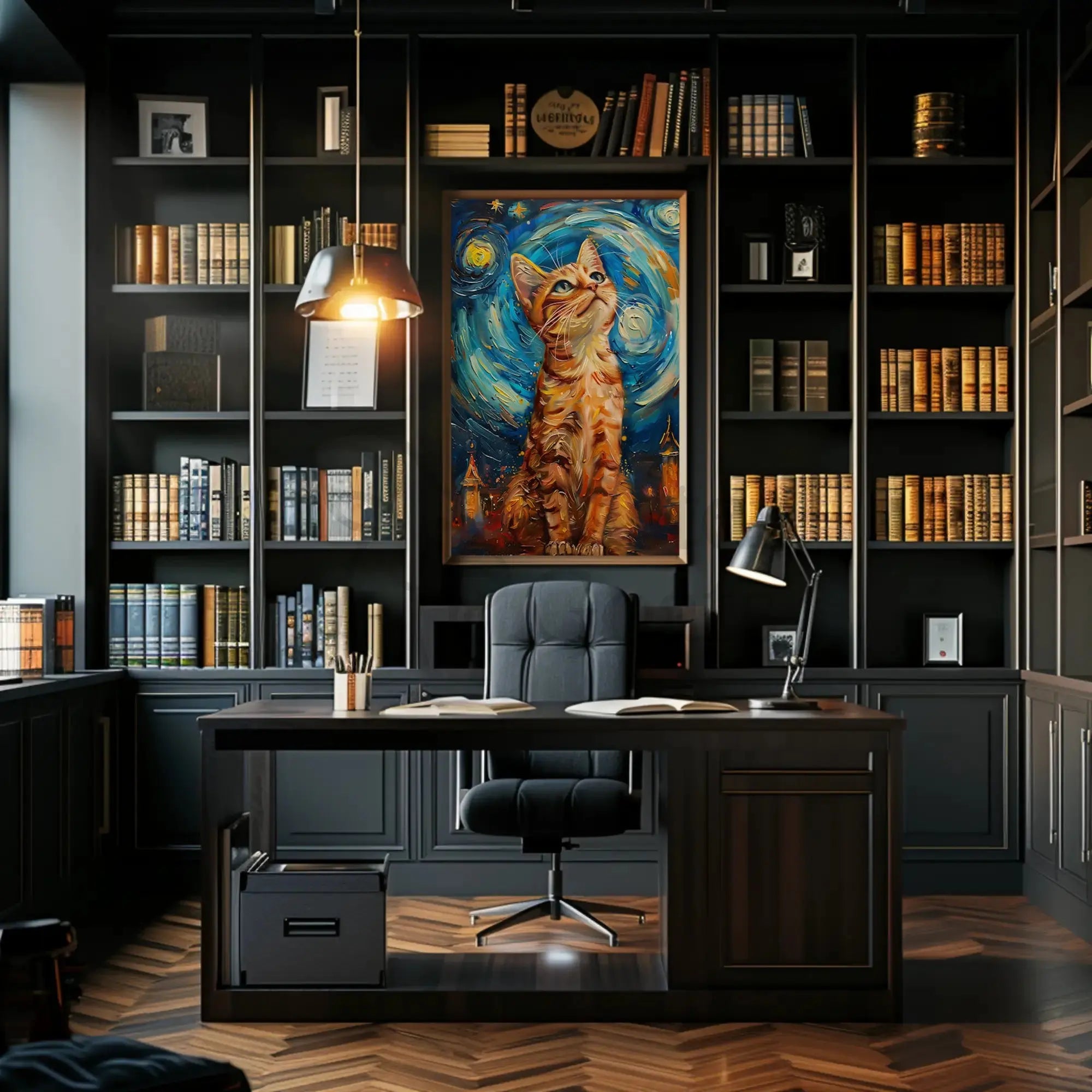 Curious Cat in a Starry Night Animal Poster PosterGoat
