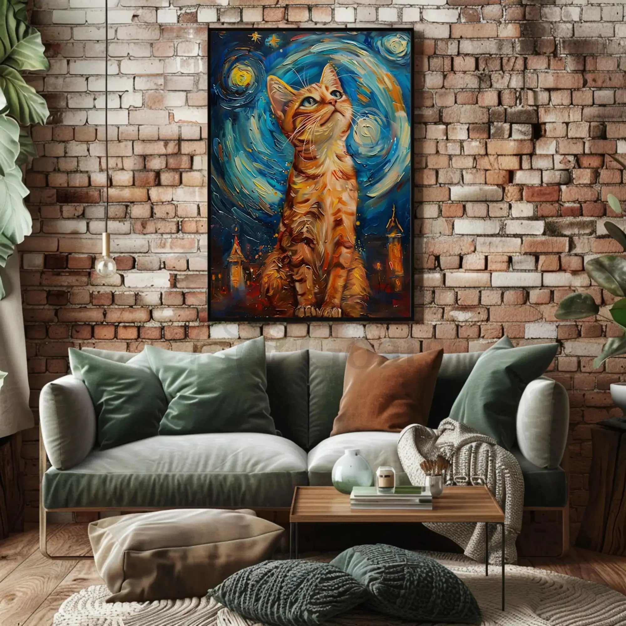 Curious Cat in a Starry Night Animal Poster PosterGoat