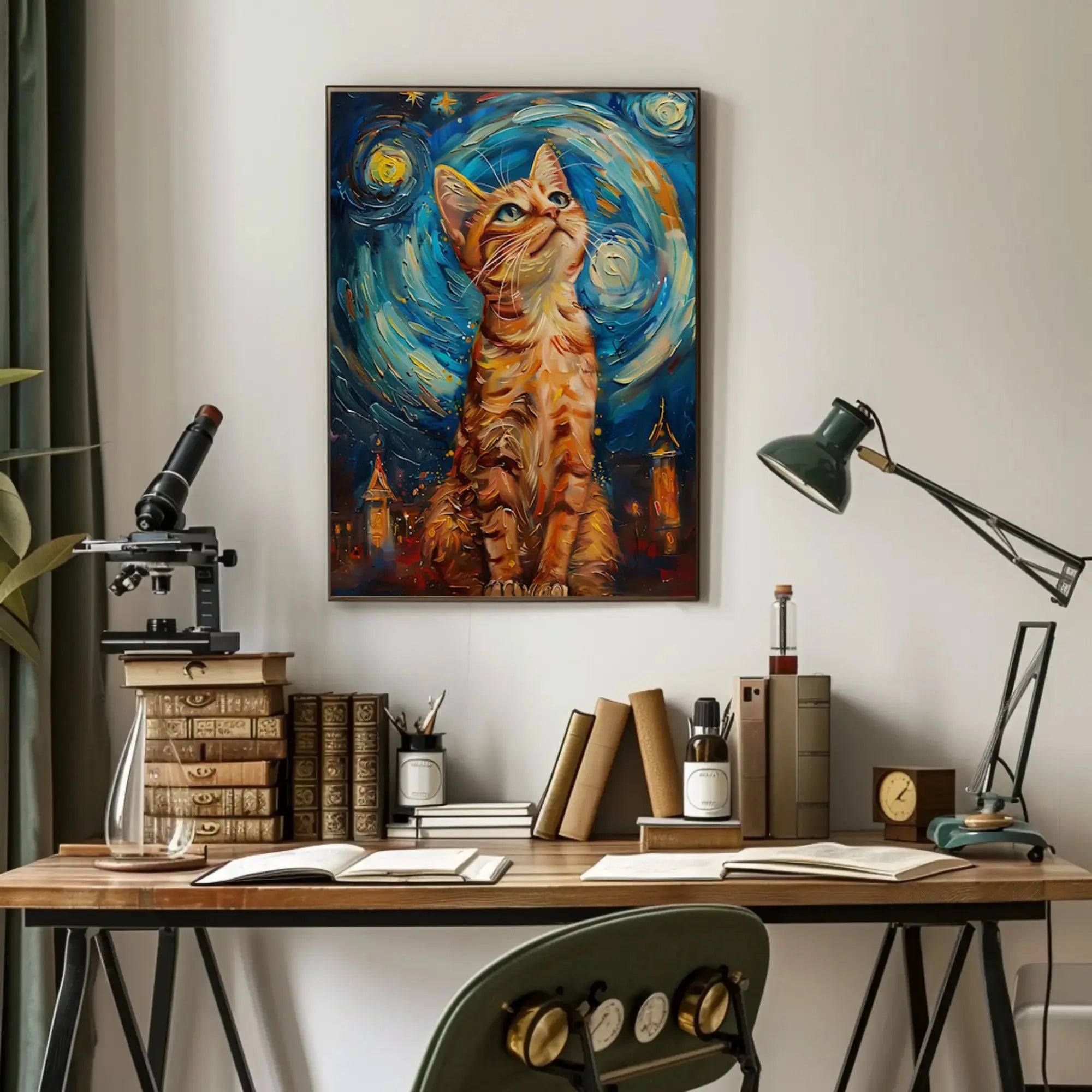 Curious Cat in a Starry Night Animal Poster PosterGoat