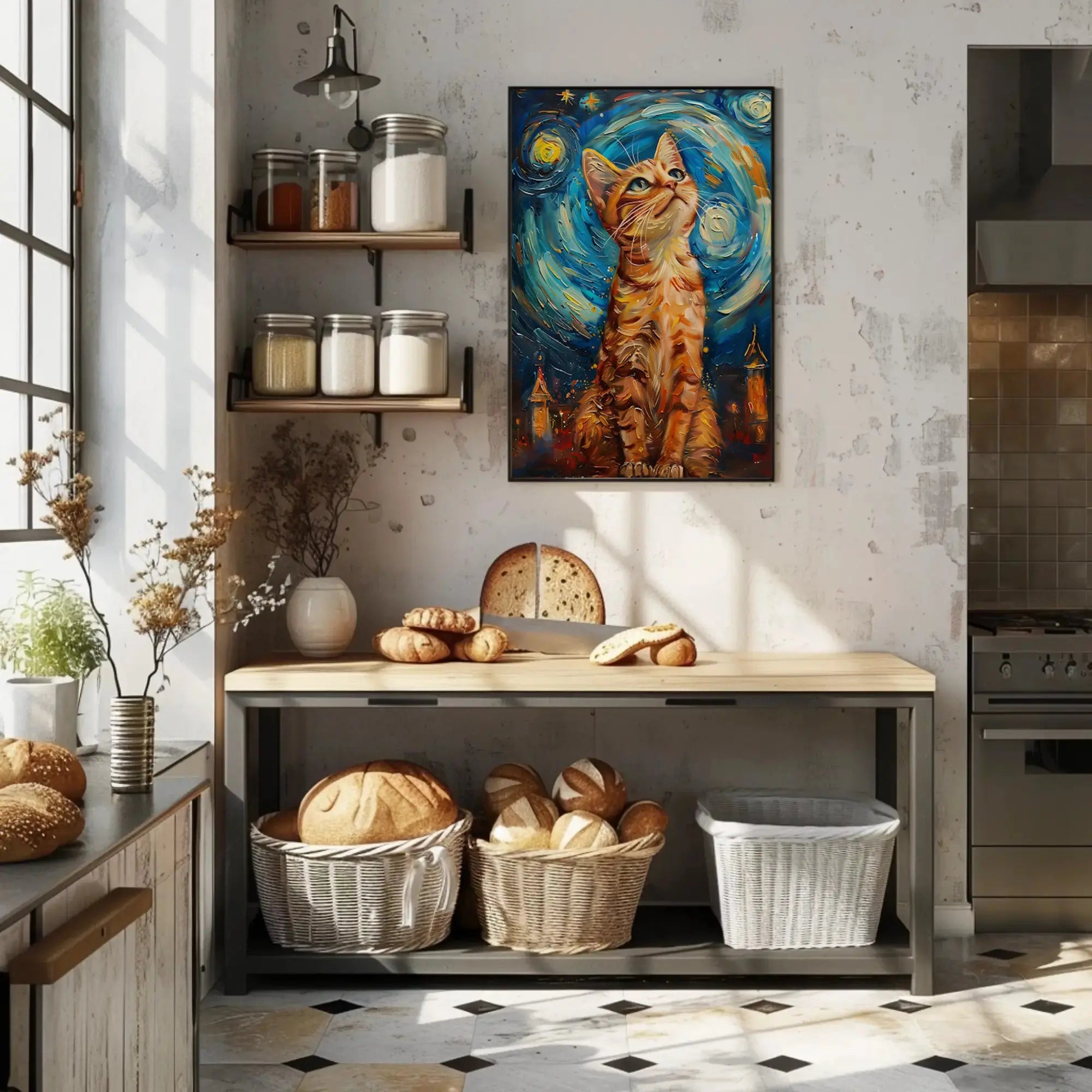 Curious Cat in a Starry Night Animal Poster PosterGoat