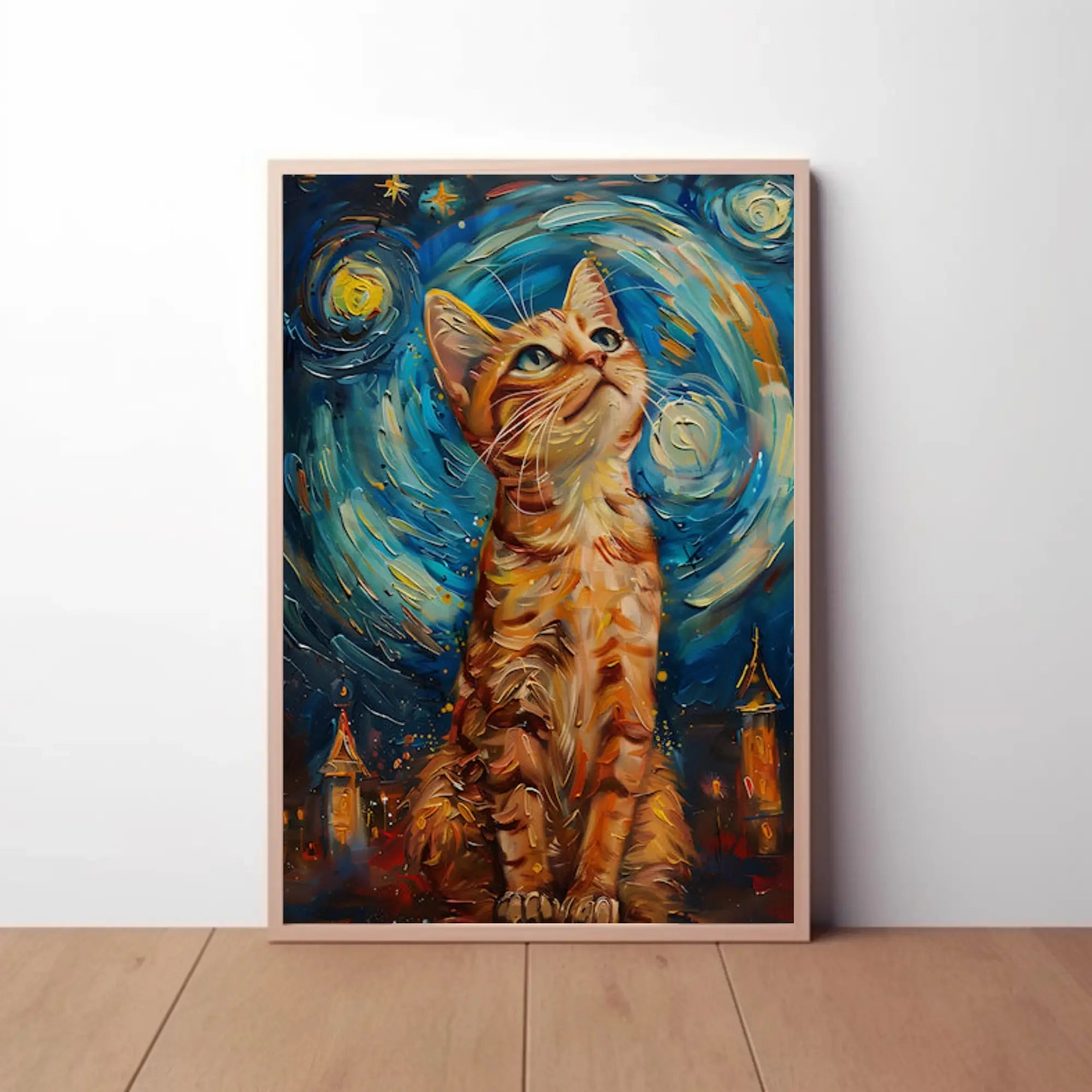Curious Cat in a Starry Night Animal Poster PosterGoat