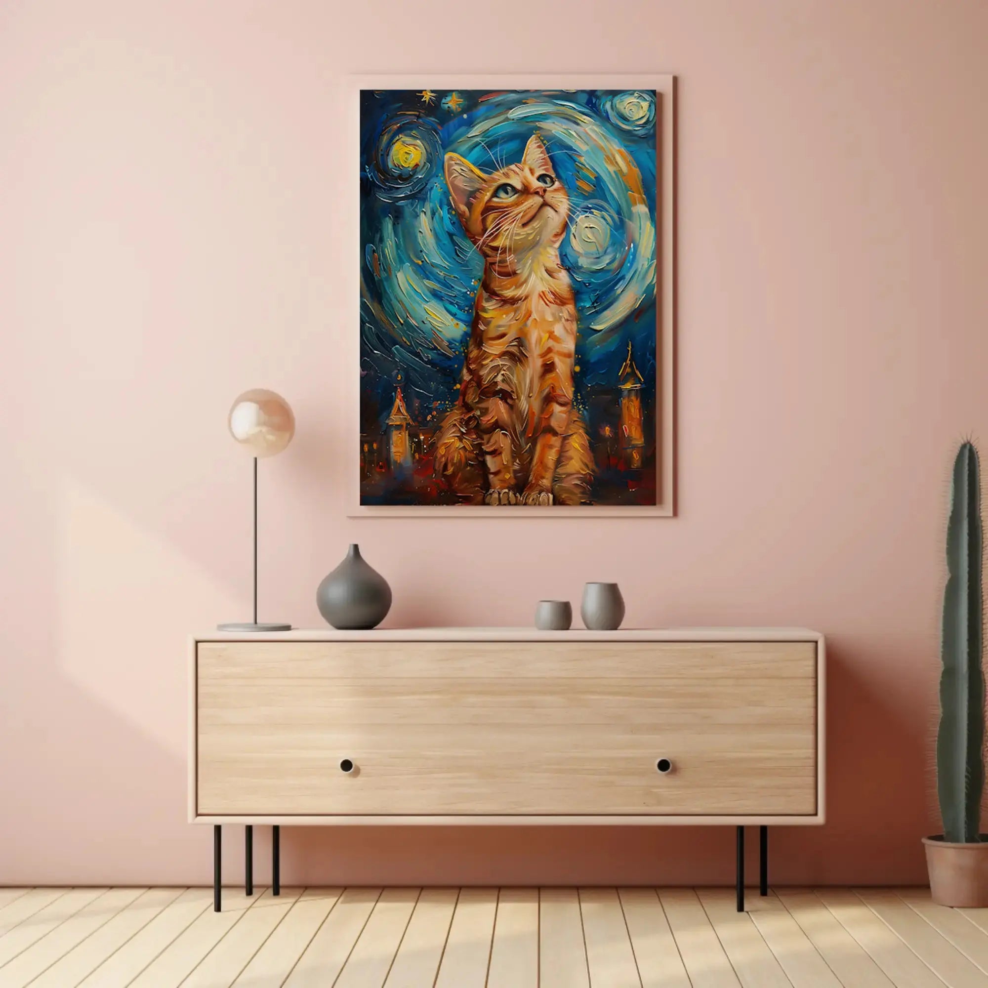 Curious Cat in a Starry Night Animal Poster PosterGoat