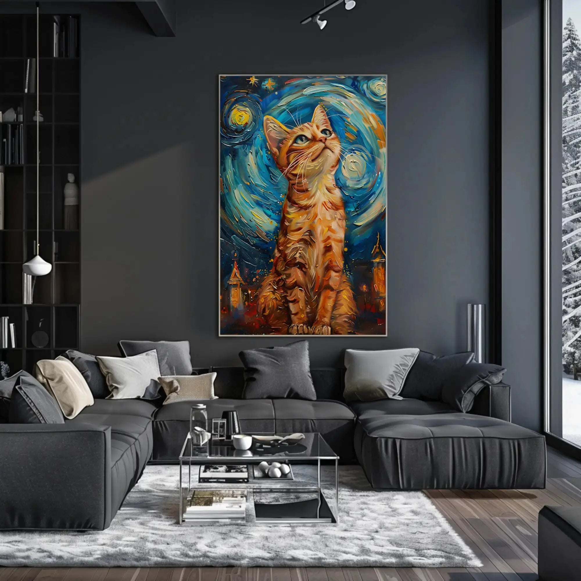 Curious Cat in a Starry Night Animal Poster PosterGoat