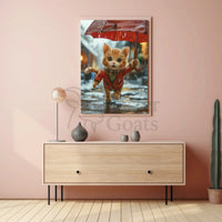 Cute Animated Kitten Leaping Through Rain Animal Poster PosterGoat
