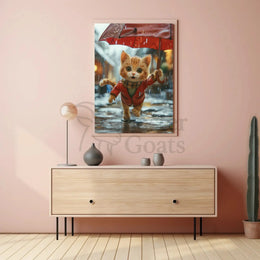 Cute Animated Kitten Leaping Through Rain Animal Poster PosterGoat