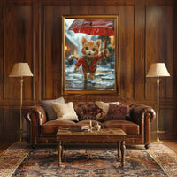 Cute Animated Kitten Leaping Through Rain Animal Poster PosterGoat