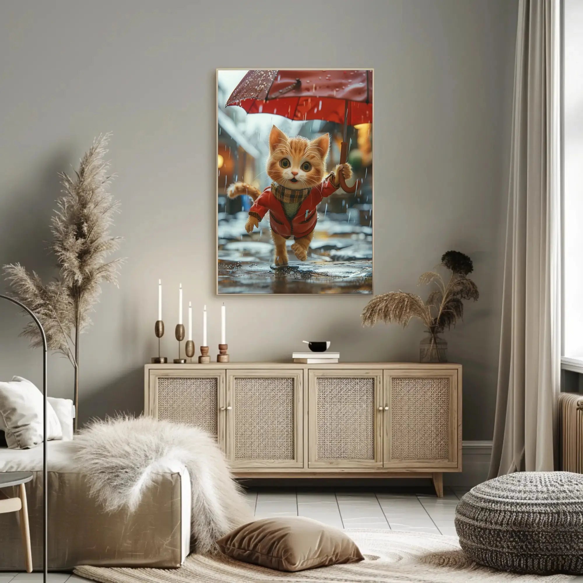 Cute Animated Kitten Leaping Through Rain Animal Poster PosterGoat