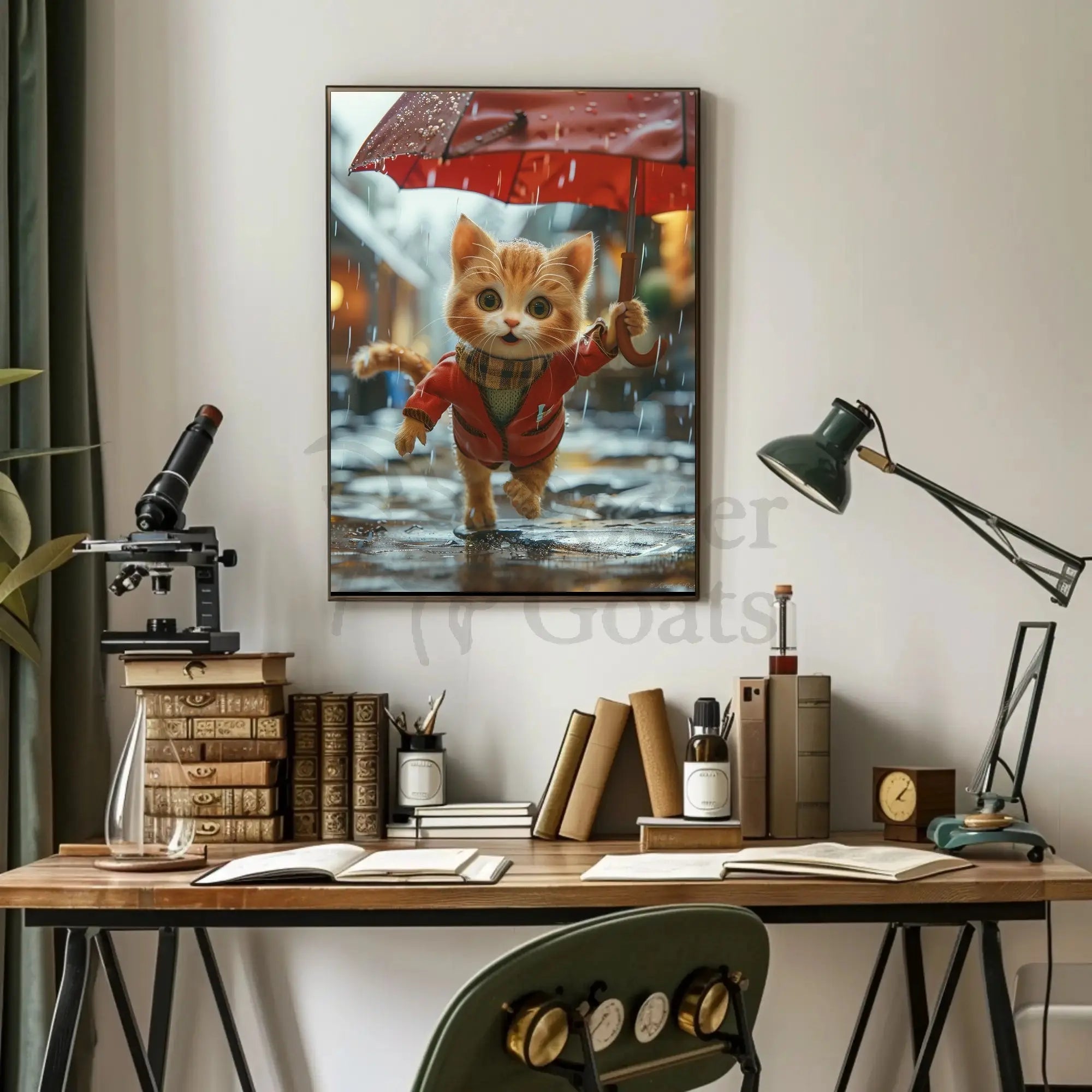 Cute Animated Kitten Leaping Through Rain Animal Poster PosterGoat
