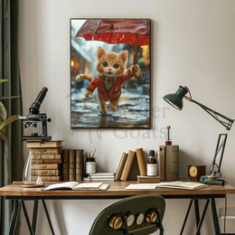 Cute Animated Kitten Leaping Through Rain Animal Poster PosterGoat