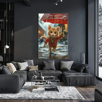 Cute Animated Kitten Leaping Through Rain Animal Poster PosterGoat