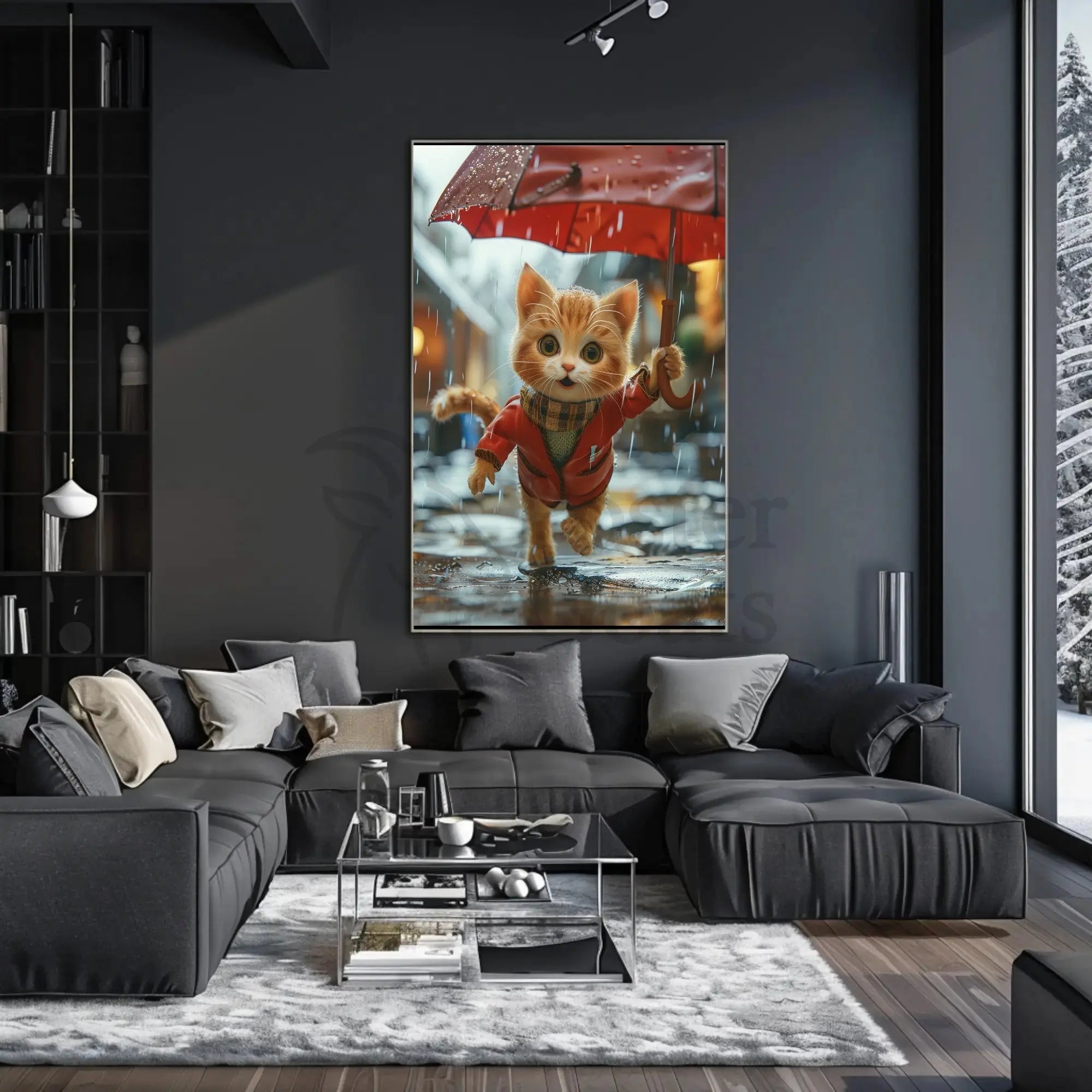Cute Animated Kitten Leaping Through Rain Animal Poster PosterGoat
