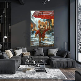 Cute Animated Kitten Leaping Through Rain Animal Poster PosterGoat