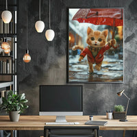 Cute Animated Kitten Leaping Through Rain Animal Poster PosterGoat