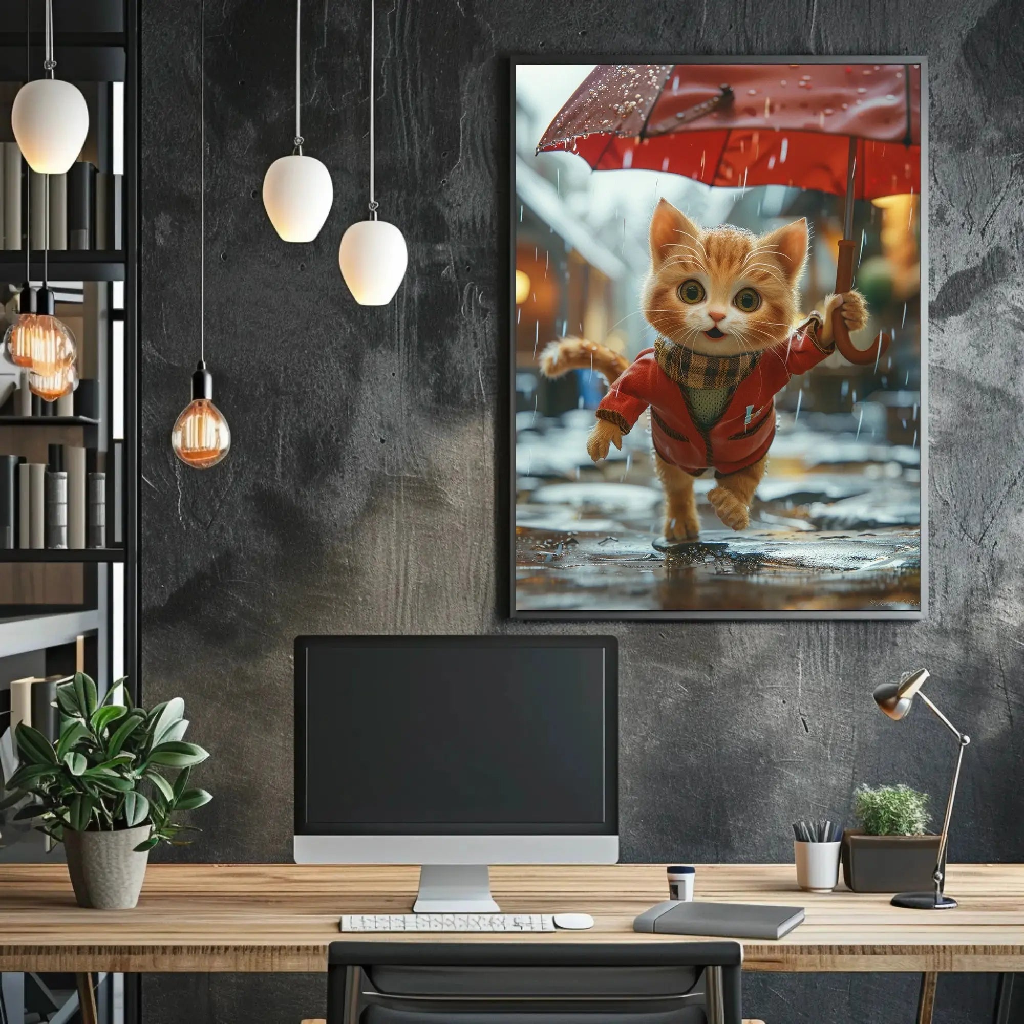Cute Animated Kitten Leaping Through Rain Animal Poster PosterGoat