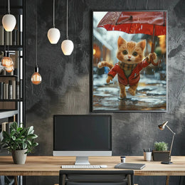 Cute Animated Kitten Leaping Through Rain Animal Poster PosterGoat