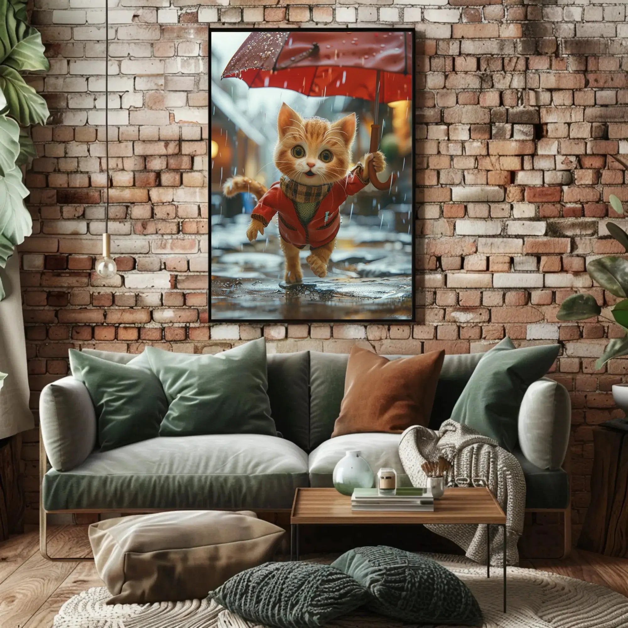 Cute Animated Kitten Leaping Through Rain Animal Poster PosterGoat