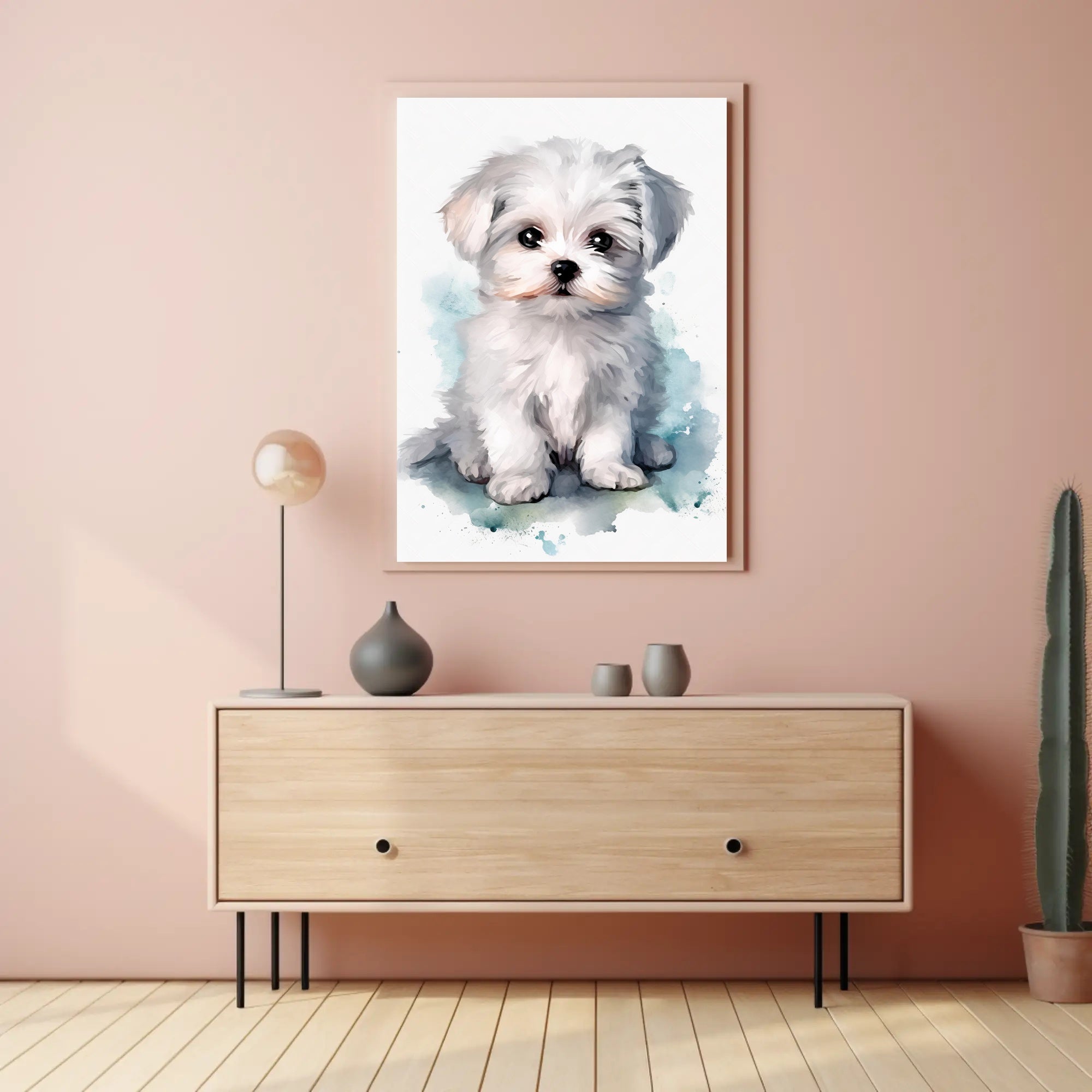 Cute Fluffy White Puppy Watercolor Illustration Dog Breed Poster PosterGoat