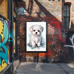 Cute Fluffy White Puppy Watercolor Illustration Dog Breed Poster PosterGoat