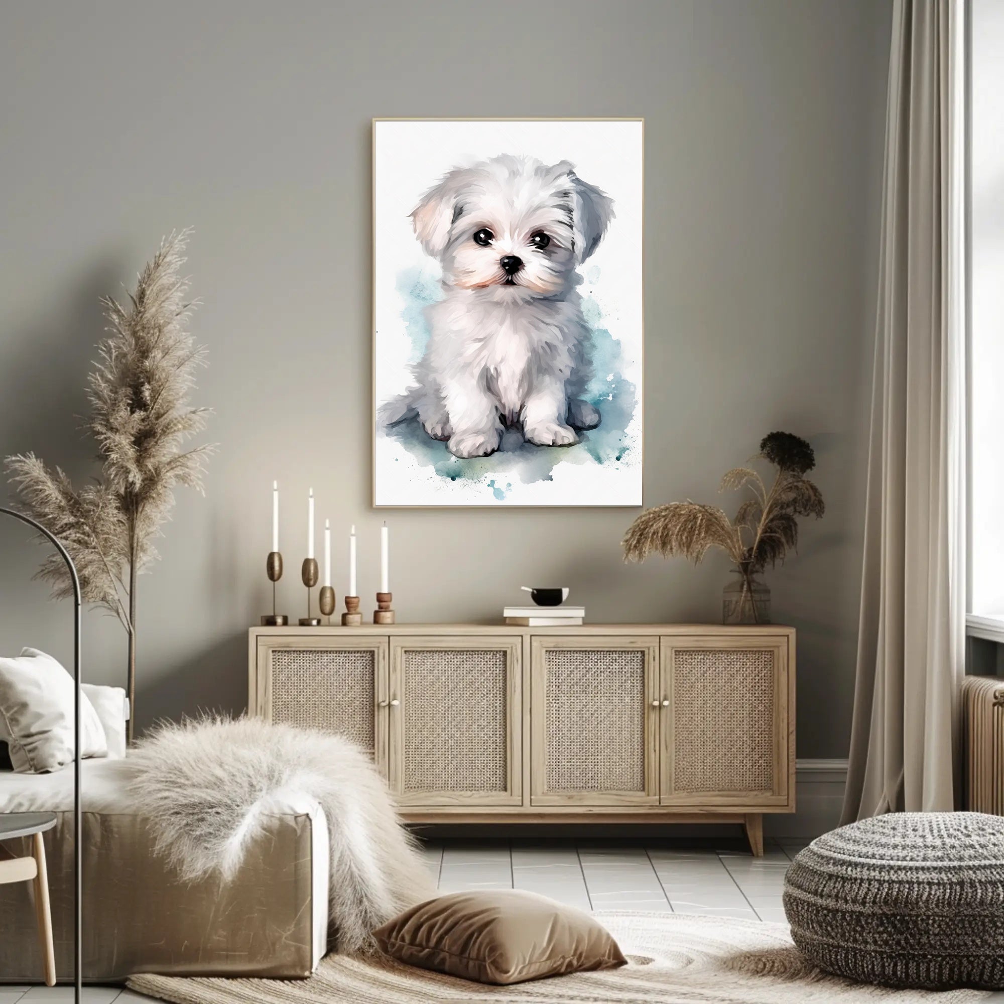 Cute Fluffy White Puppy Watercolor Illustration Dog Breed Poster PosterGoat