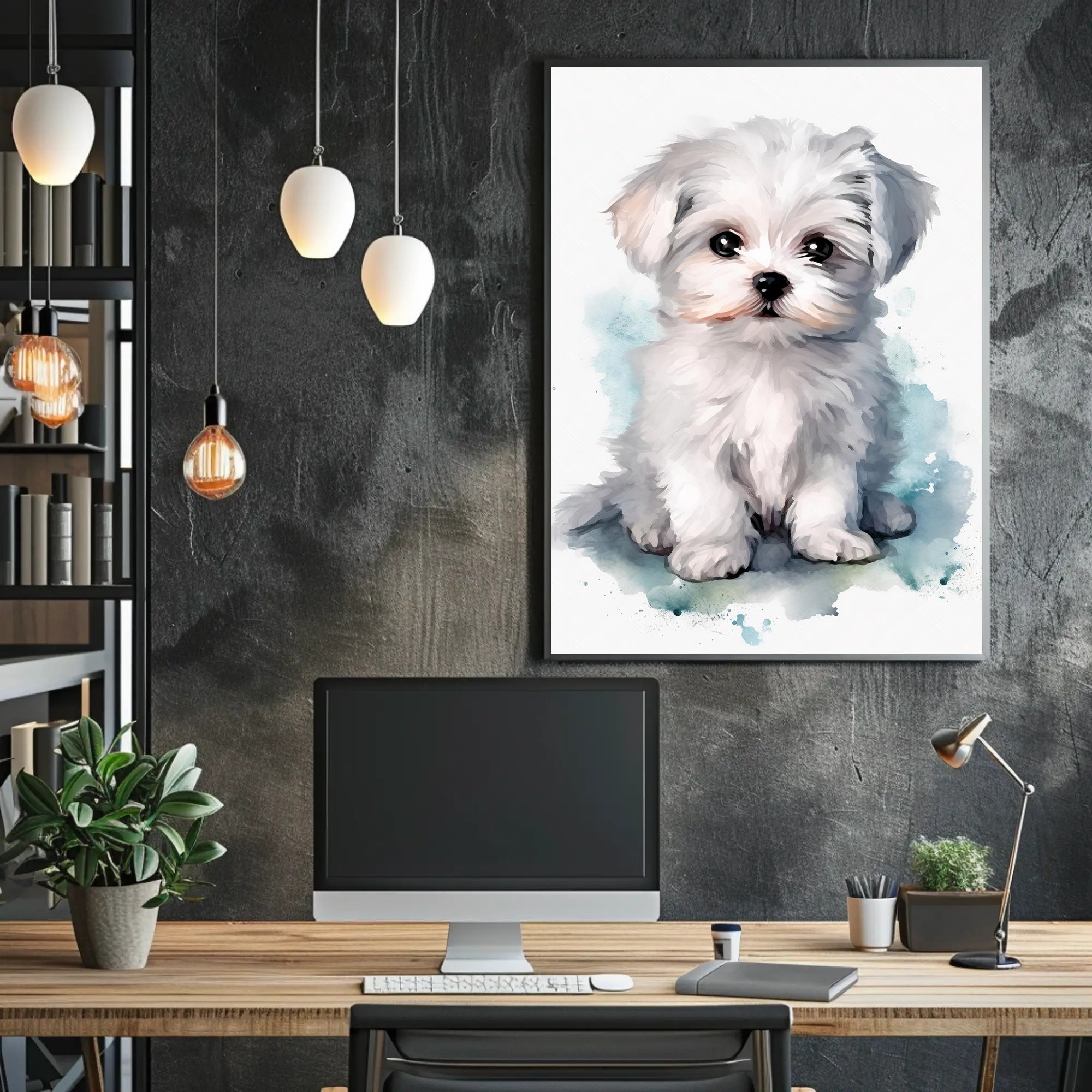 Cute Fluffy White Puppy Watercolor Illustration Dog Breed Poster PosterGoat