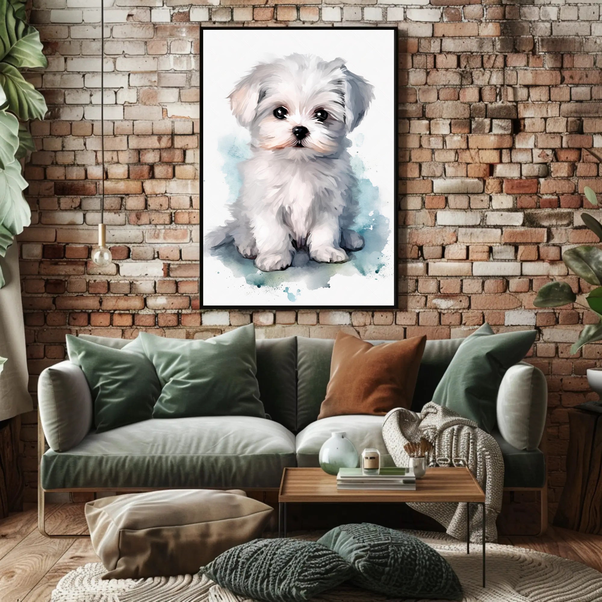 Cute Fluffy White Puppy Watercolor Illustration Dog Breed Poster PosterGoat