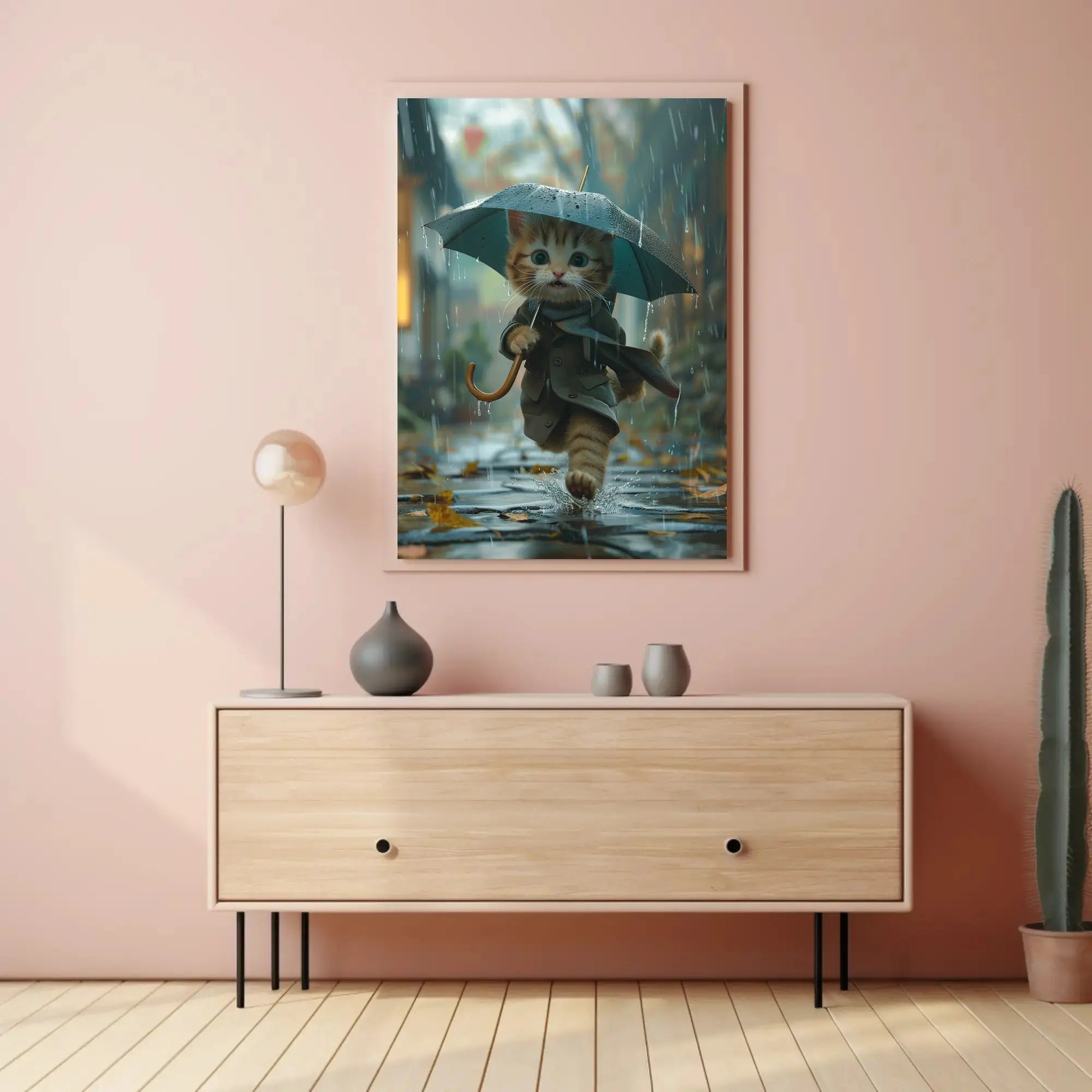 Cute Kitten Rainy Day Adventure Animal Poster PosterGoat