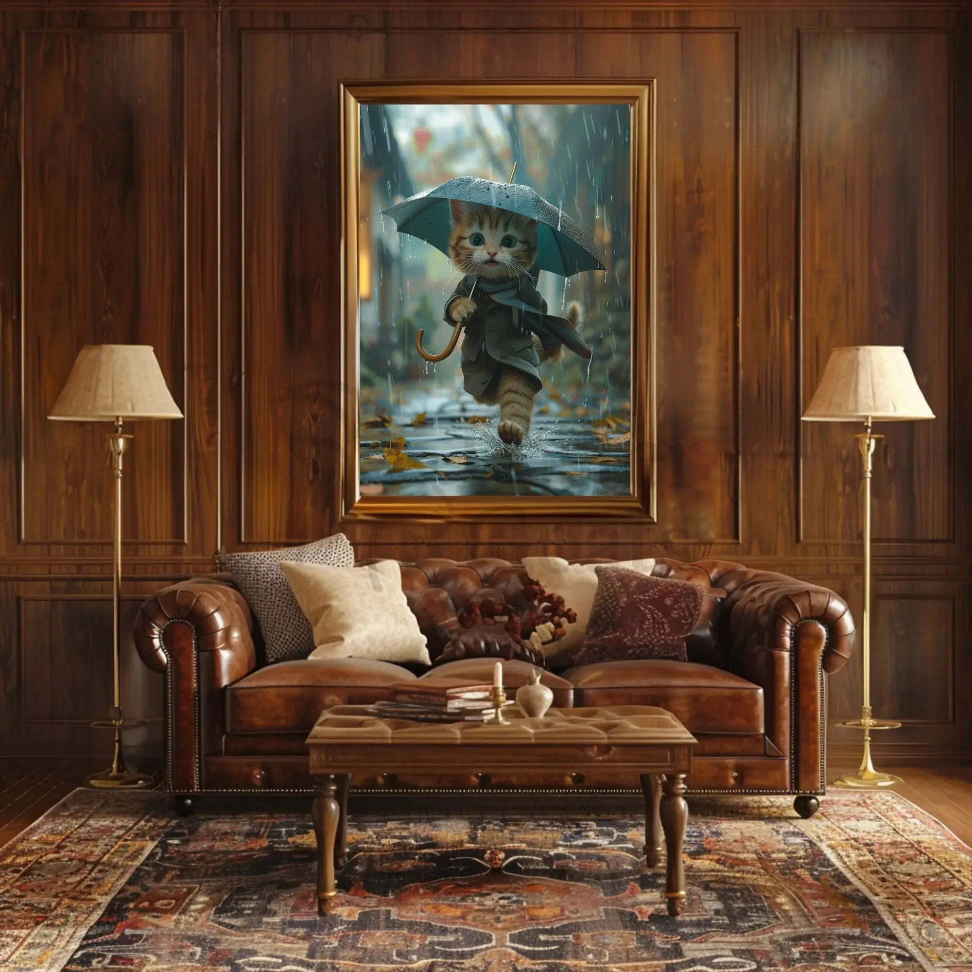 Cute Kitten Rainy Day Adventure Animal Poster PosterGoat