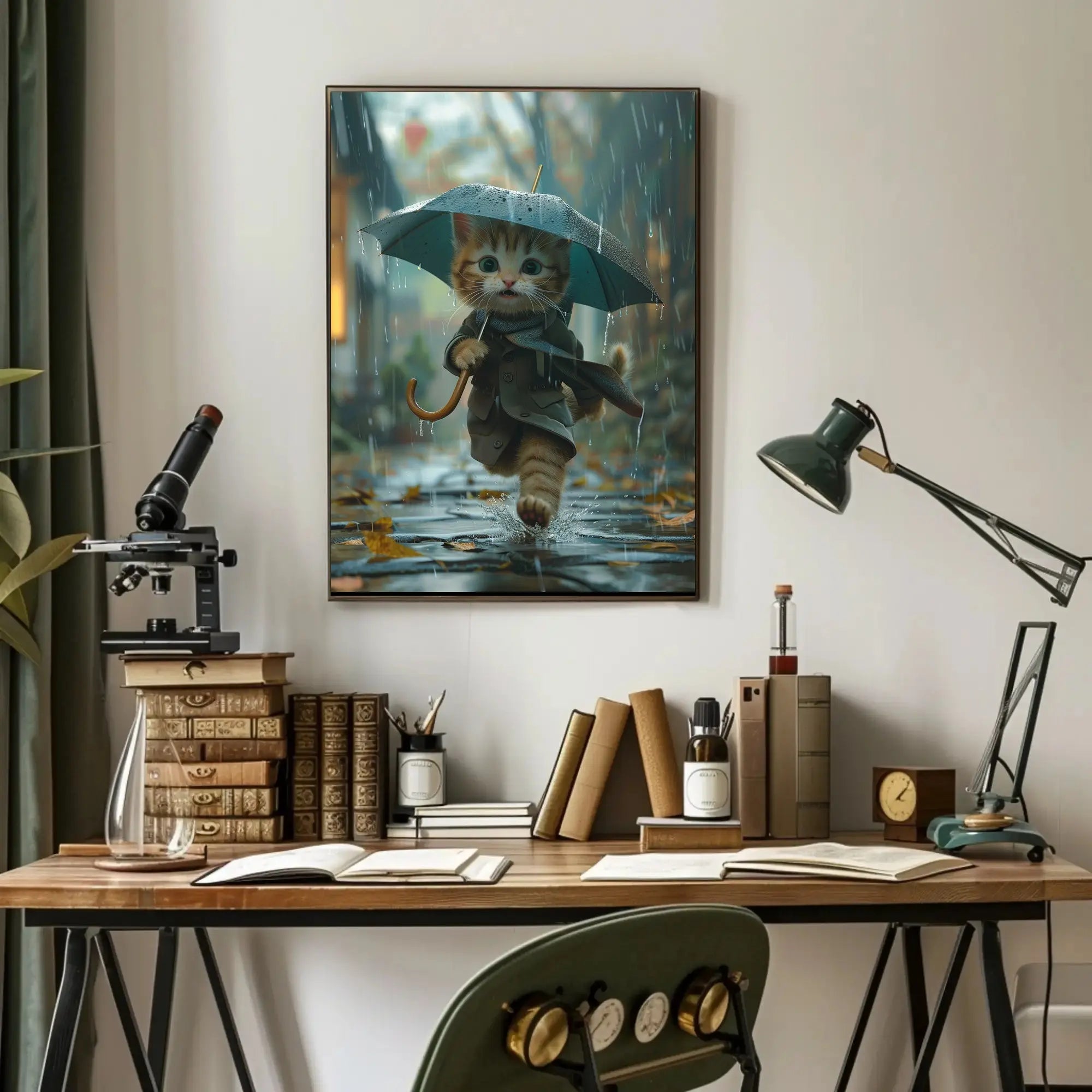 Cute Kitten Rainy Day Adventure Animal Poster PosterGoat