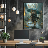 Cute Kitten Rainy Day Adventure Animal Poster PosterGoat