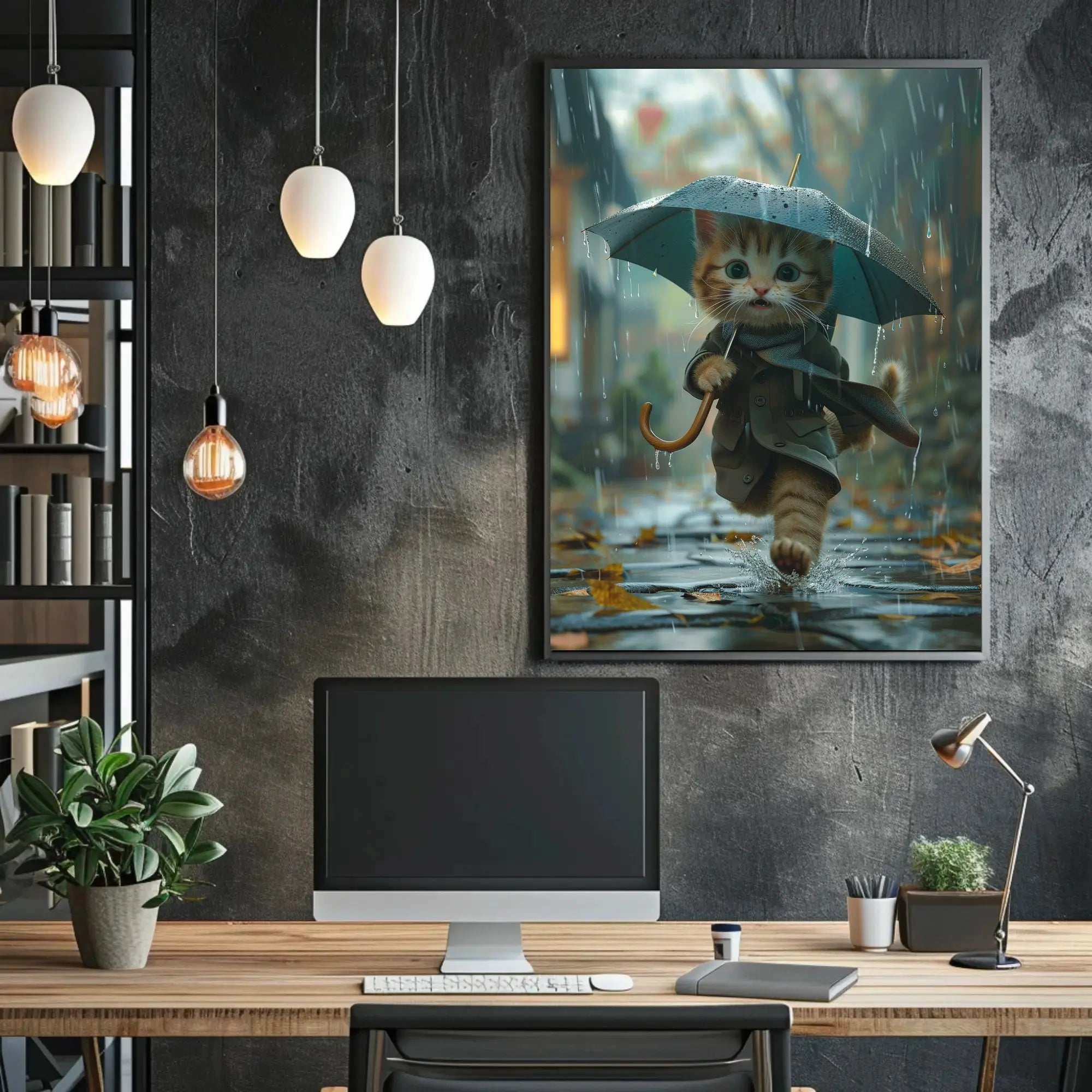 Cute Kitten Rainy Day Adventure Animal Poster PosterGoat