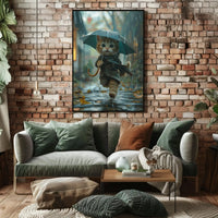 Cute Kitten Rainy Day Adventure Animal Poster PosterGoat