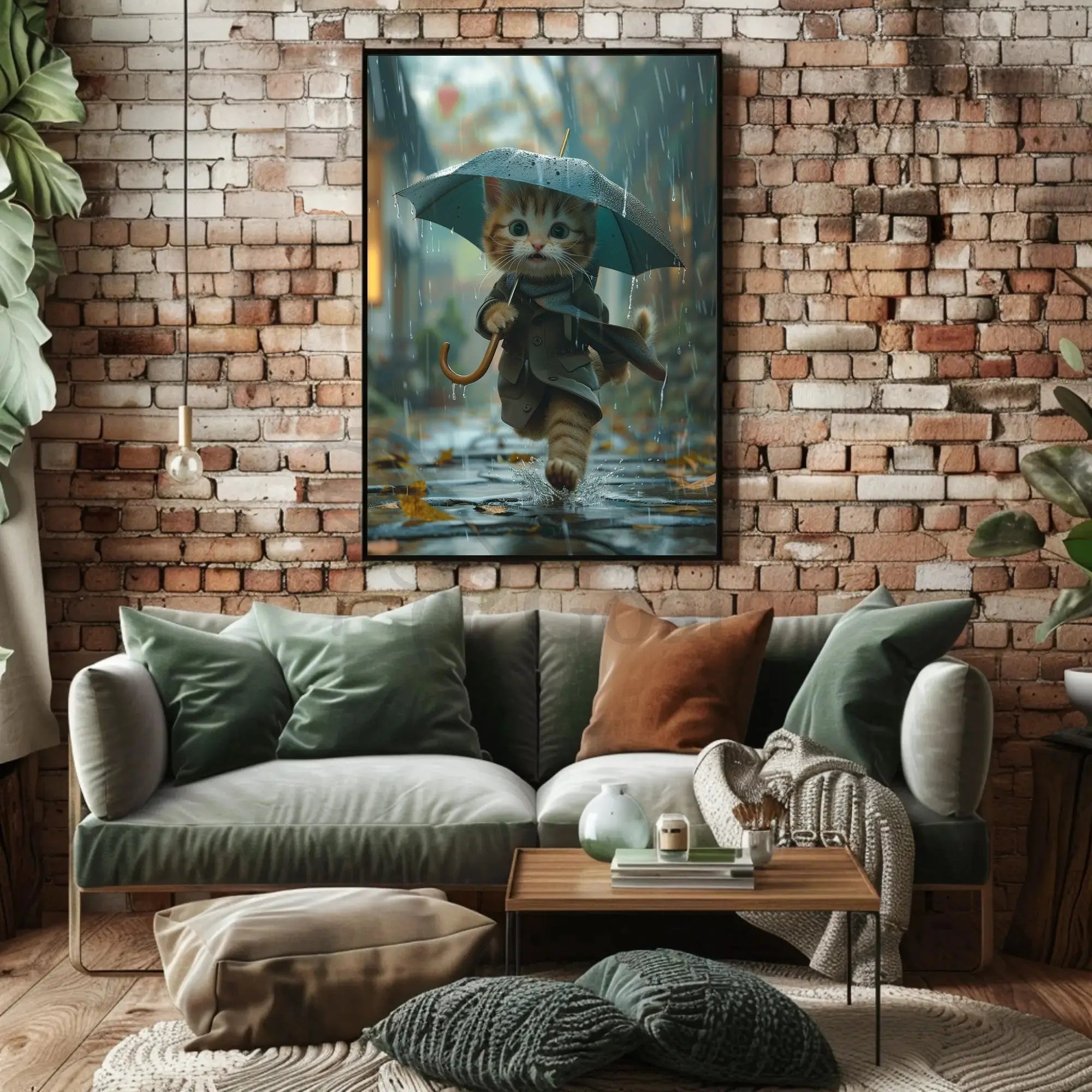 Cute Kitten Rainy Day Adventure Animal Poster PosterGoat