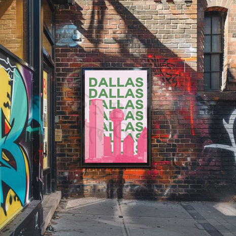 Dallas Cityscape in Pink and Green Pop Art Poster PosterGoat