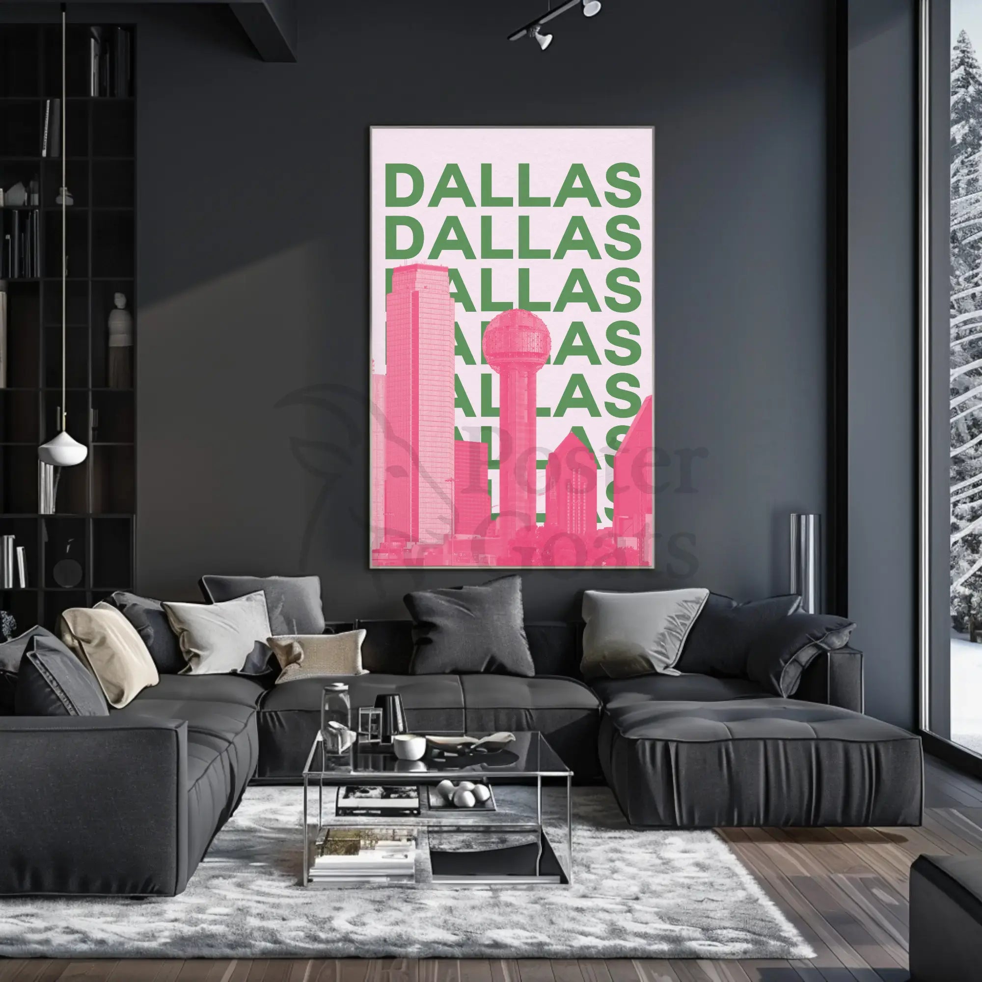 Dallas Cityscape in Pink and Green Pop Art Poster PosterGoat