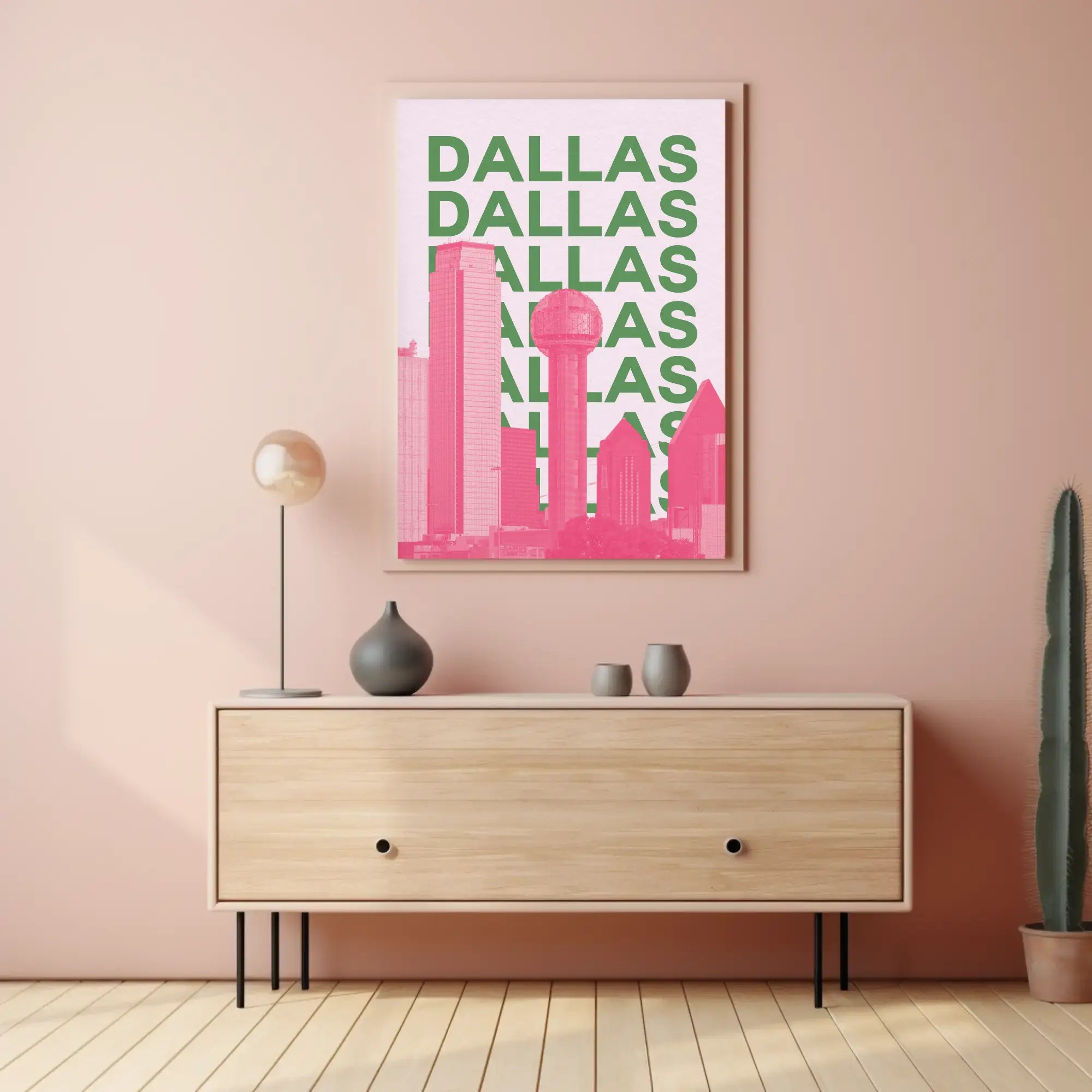 Dallas Cityscape in Pink and Green Pop Art Poster PosterGoat